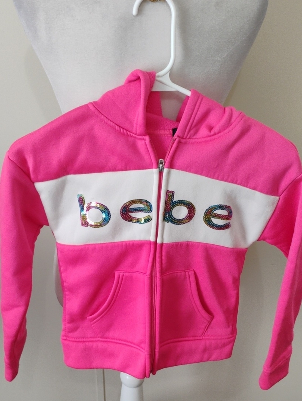 bebe Girls Hot Pink Hooded Zip Jacket with White Panel